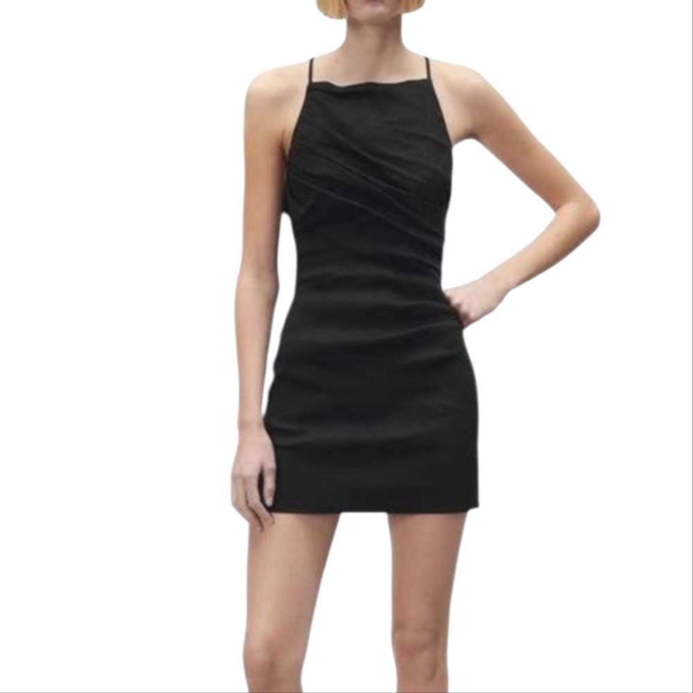 Zara Black Square High Neck Cross Back Textured Asymmetrical Drape Mini Dress XS